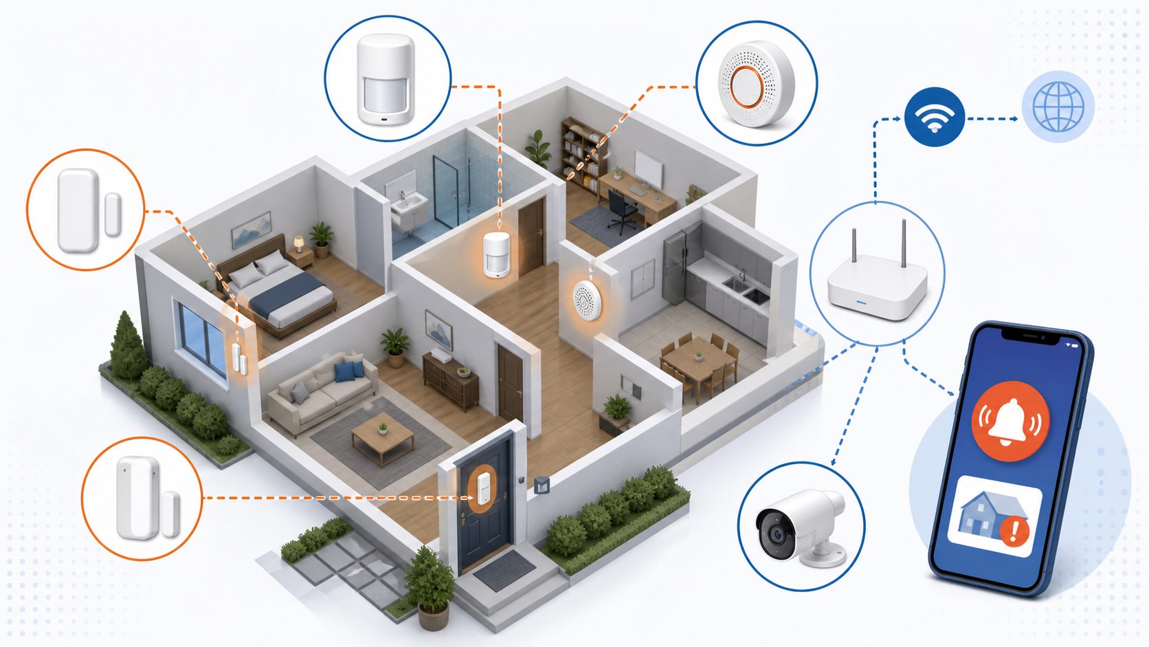 Esquema de instalación de una alarma doméstica con sensores, cámara IP, router y teléfono móvil