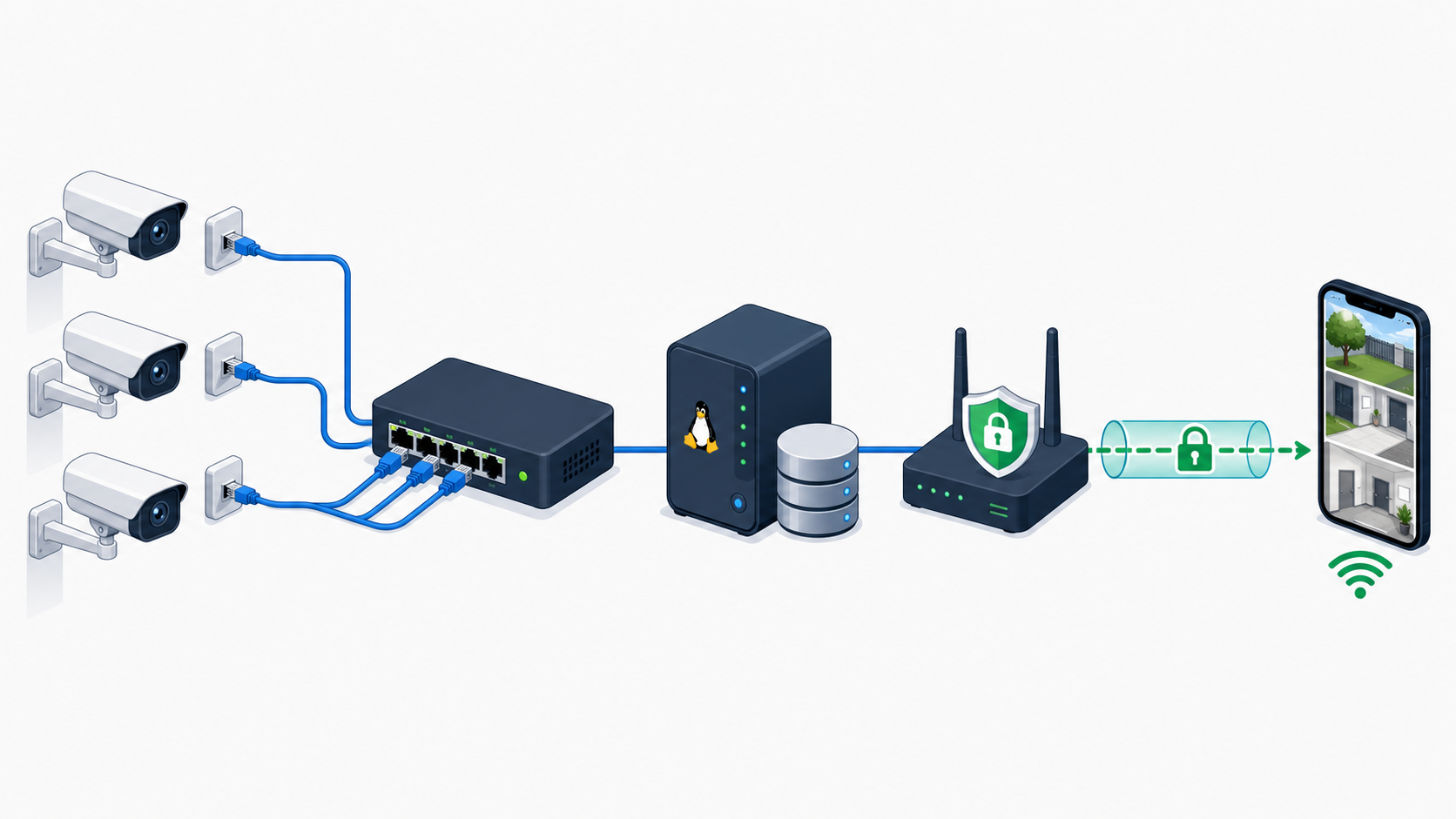 Esquema de red segura con cámaras IP, switch PoE, servidor Linux y acceso mediante VPN