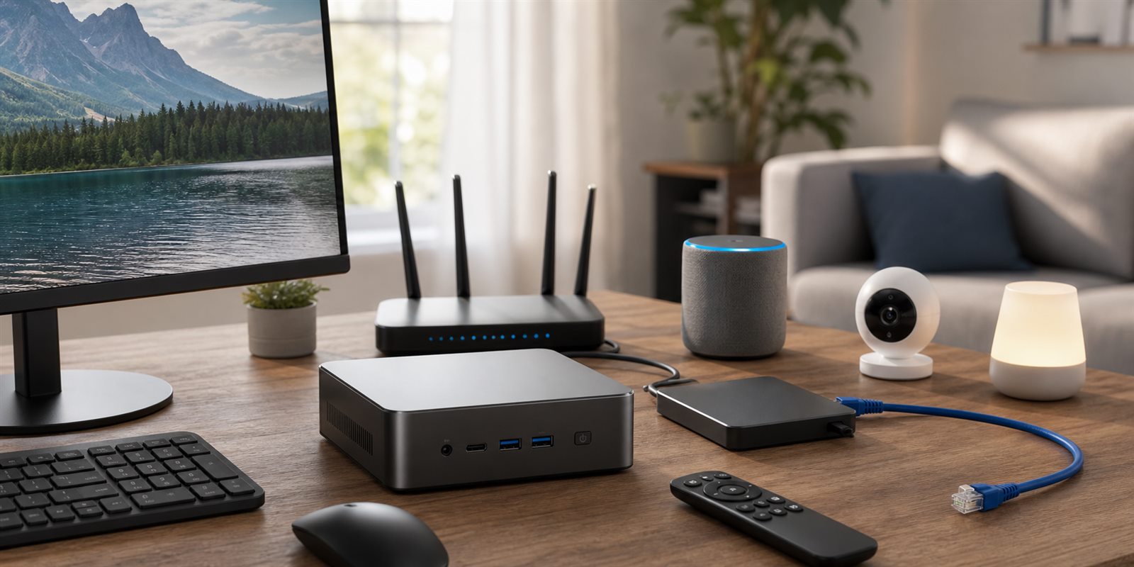 Mini PC para casa con router, disco externo y dispositivos domésticos