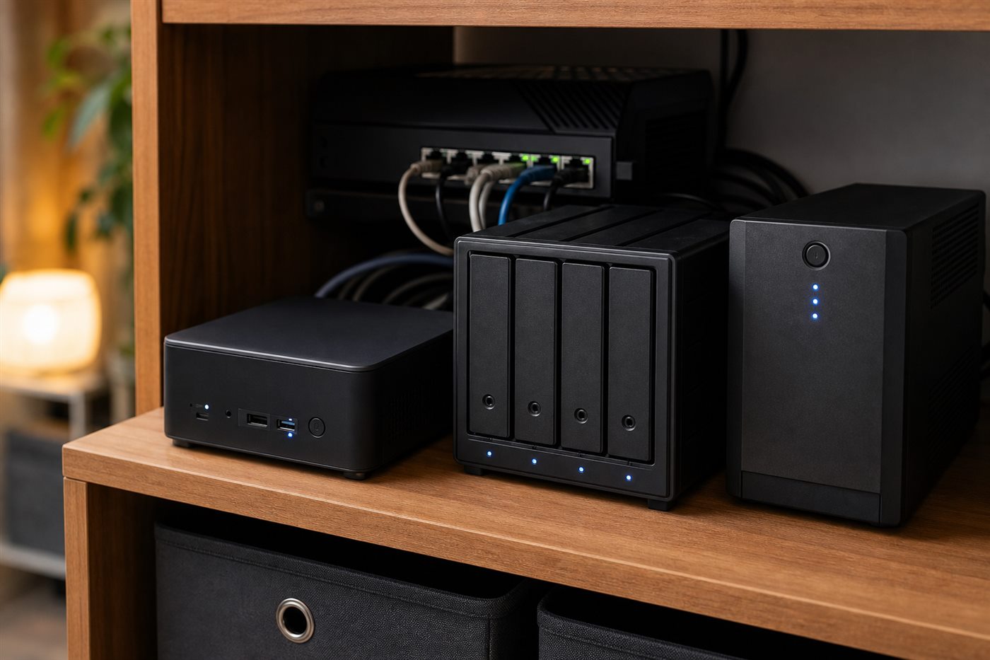 Mini PC como servidor doméstico con discos, router y SAI