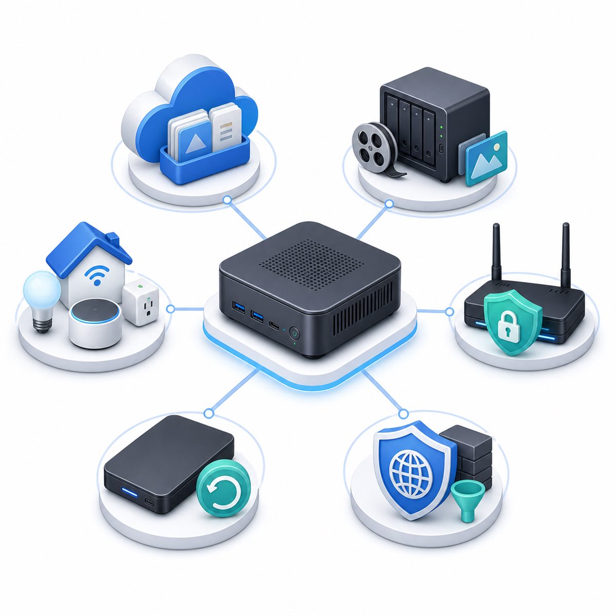 Diagrama de usos de un mini PC en casa: nube privada, domótica, VPN y copias